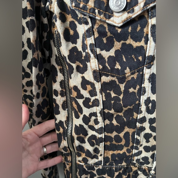 New Ganni Leopard Print Side Zip Denim Jacket Women's Size XXS - Picture 7 of 11